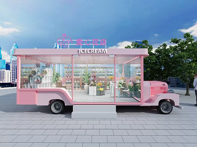 Pink Ice Cream Functional Vehicle With Transparent Windows Urban Background And Trees 3d model