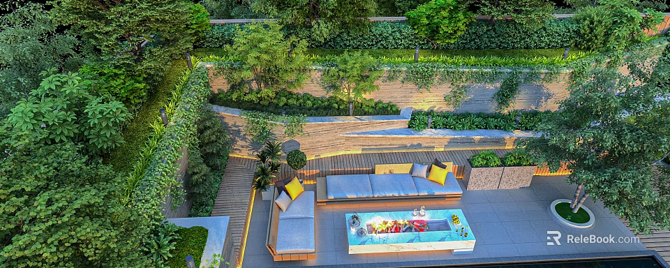 Courtyard Garden with Comfortable Sofa Yellow Cushions Green Plants Wooden Deck and Decorative Table 3d model 