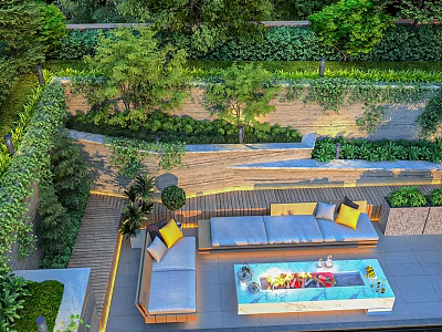 Courtyard Garden with Comfortable Sofa Yellow Cushions Green Plants Wooden Deck and Decorative Table 3d model