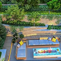 Courtyard Garden with Comfortable Sofa Yellow Cushions Green Plants Wooden Deck and Decorative Table