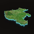 3D Regional Terrain Model With Green Vegetation And Blue Coastal Edges