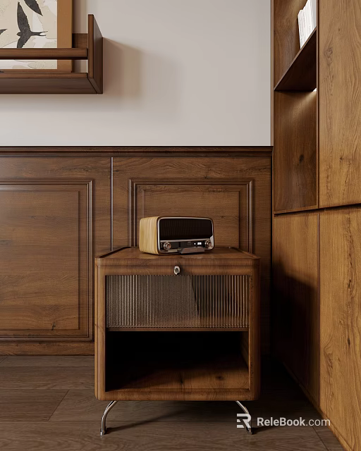 Bedside Table With Vintage Radio On Brown Wooden Wall Drawer Grid Design And Wooden Cabinet 3d model 