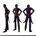 Joker Character In Purple Striped Suit With Green Hair Three Angles Full Body View