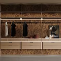 Modern Wardrobe Interior With Wooden Texture Open Shelves Hanging Clothes And Drawers
