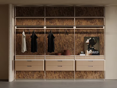 Modern Wardrobe Interior With Wooden Texture Open Shelves Hanging Clothes And Drawers 3d model