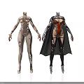 Futuristic Female Characters With Cybernetic Biomechanical Armor And Black Cloak Design
