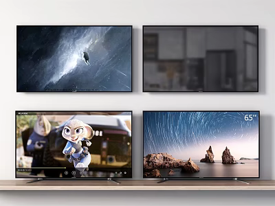 Multiple 65 Inch TV Screens Showing Scenic Views Cartoon Character Starry Sky And Rock Formations 3d model
