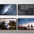 Multiple 65 Inch TV Screens Showing Scenic Views Cartoon Character Starry Sky And Rock Formations