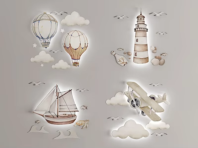 Creative Wall Decor Featuring Hot Air Balloons Clouds Lighthouse Seagulls Sailboat And Airplane 3d model