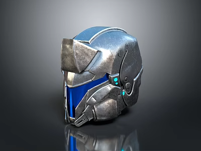Futuristic Silver Metallic Helmet With Blue Visor And Mechanical Design Details 3d model