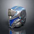 Futuristic Silver Metallic Helmet With Blue Visor And Mechanical Design Details