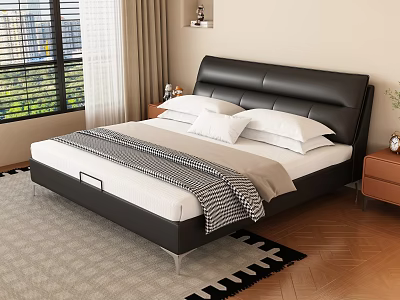 Modern Double Bed with Black Leather Headboard White Pillows and Striped Blanket on Wooden Floor 3d model
