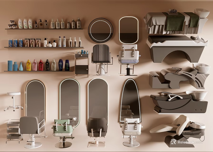 Hair Salon Interior With Multiple Mirrors Various Chairs Bottles On Shelves And Styling Tools 3d model 