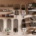 Hair Salon Interior With Multiple Mirrors Various Chairs Bottles On Shelves And Styling Tools
