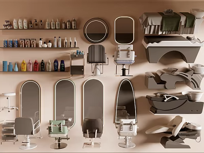 Hair Salon Interior With Multiple Mirrors Various Chairs Bottles On Shelves And Styling Tools 3d model