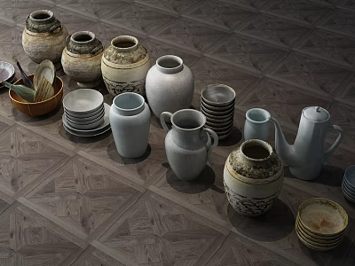 Assorted Ceramic Vessels Including Vases Bowls Jars And Cups On Textured Floor 3d model Assorted Ceramic Vessels Including Vases Bowls Jars And Cups On Textured Floor 3d model