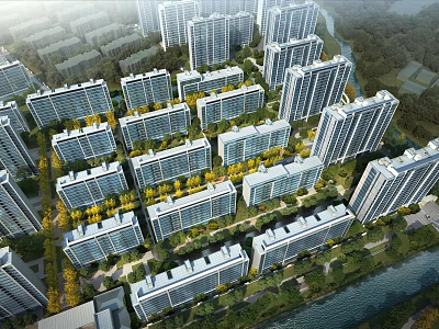 Aerial Planning of Neatly Arranged Residential Buildings With Green Belts and River 3d model