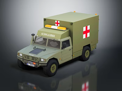 Military Green Ambulance Vehicle With Red Cross Markings And Warning Lights 3d model