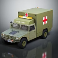 Military Green Ambulance Vehicle With Red Cross Markings And Warning Lights