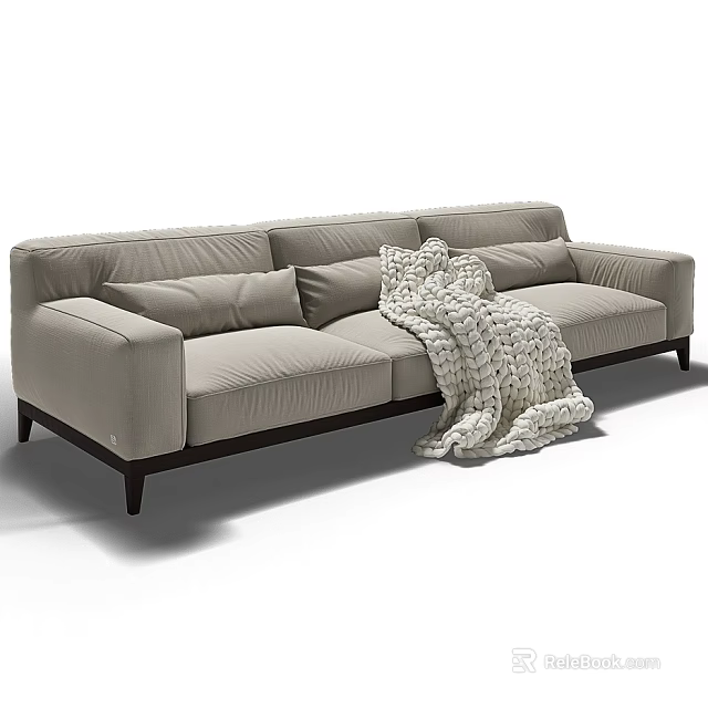 Light Gray Fabric Three Seater Sofa With Cushions Knitted Blanket And Dark Wooden Legs 3d model 