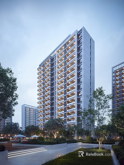 Modern High Rise Residential Building With Multiple Balconies And Evening Lights Surrounded By Trees 3d model 