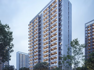 Modern High Rise Residential Building With Multiple Balconies And Evening Lights Surrounded By Trees 3d model