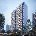 Modern High Rise Residential Building With Multiple Balconies And Evening Lights Surrounded By Trees