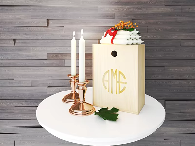 Decorative Ornament Set With Wooden Box Golden Monogram Brass Candle Holders And Green Leaf 3d model