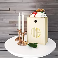 Decorative Ornament Set With Wooden Box Golden Monogram Brass Candle Holders And Green Leaf