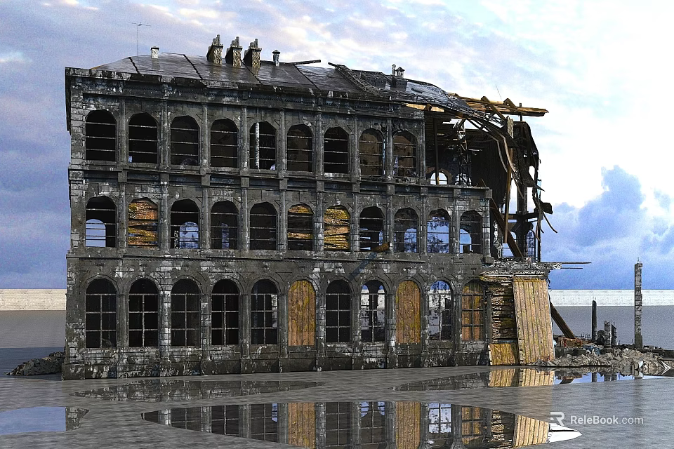 Ruined Abandoned Building Structure With Broken Windows And Cloudy Sky Reflection In Puddle 3d model 