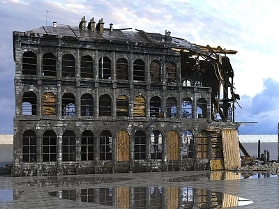 Ruined Abandoned Building Structure With Broken Windows And Cloudy Sky Reflection In Puddle 3d model