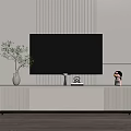 Modern White TV Stand With TV Vase Plant And Decor On Striped Wall