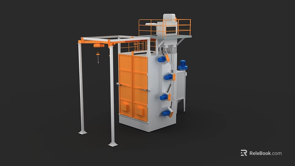 Industrial Processing Machine With Orange Chamber Blue Components Overhead Platform Guardrail And Suspension System 3d model 