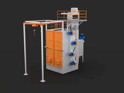 Industrial Processing Machine With Orange Chamber Blue Components Overhead Platform Guardrail And Suspension System 3d model