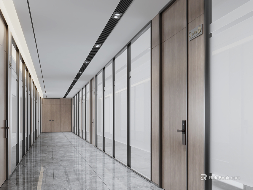 Modern Office Corridor With Glass Partitions Wooden Doors And Marble Flooring 3d model 