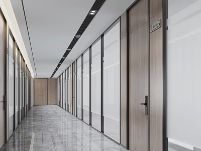 Modern Office Corridor With Glass Partitions Wooden Doors And Marble Flooring 3d model