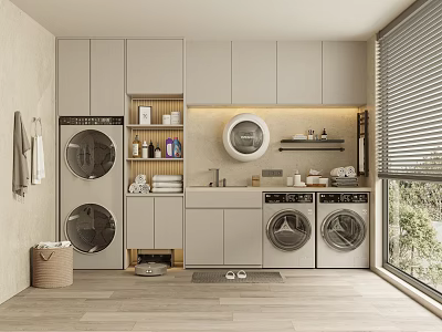 Modern Bathroom Cabinetry With Gray Storage Design Sink Mirror And Washing Machines Dryers 3d model