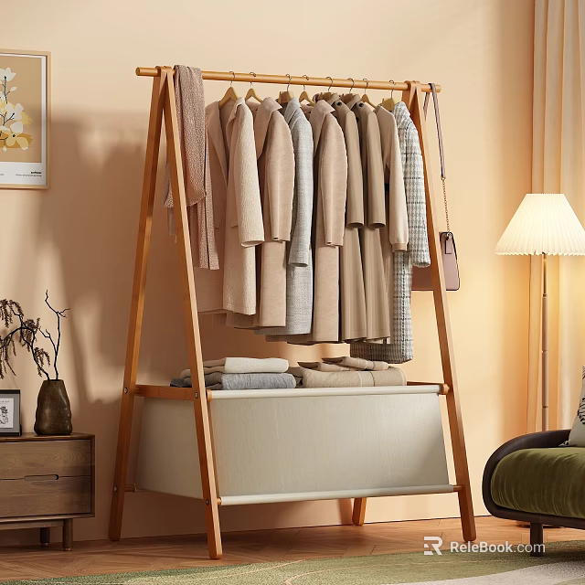 Cozy Wooden Clothes Rack With Beige Gray Clothes And Storage Cabinet In Warm Interior 3d model 