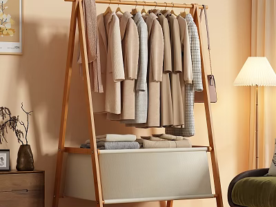 Cozy Wooden Clothes Rack With Beige Gray Clothes And Storage Cabinet In Warm Interior 3d model