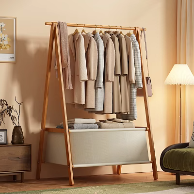 Cozy Wooden Clothes Rack With Beige Gray Clothes And Storage Cabinet In Warm Interior 3d model