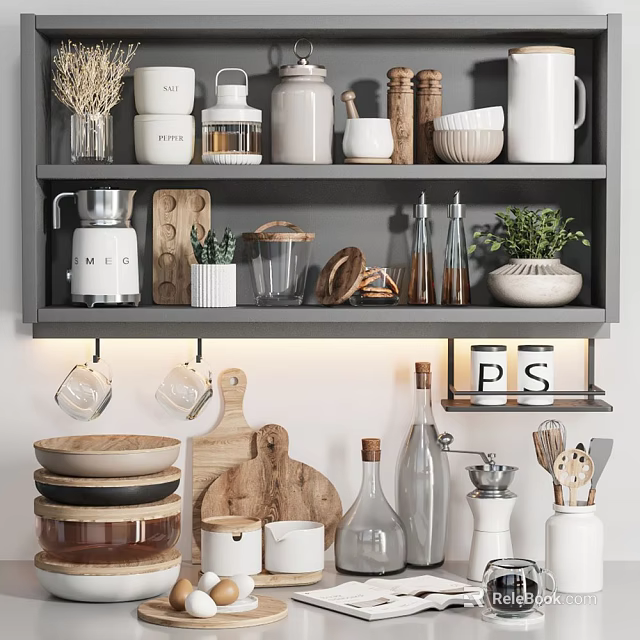Stylish Kitchenware On Gray Kitchen Shelf With Jars Bowls Bottles Wooden Cutting Board And Plant 3d model 