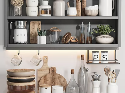 Stylish Kitchenware On Gray Kitchen Shelf With Jars Bowls Bottles Wooden Cutting Board And Plant 3d model