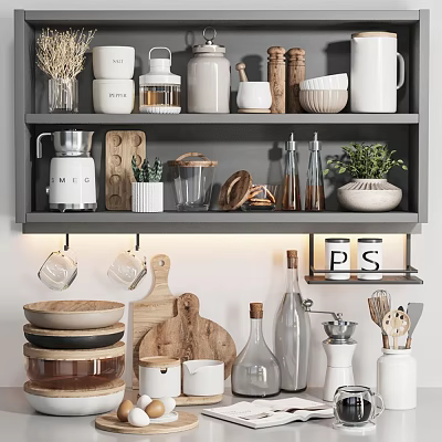 Stylish Kitchenware On Gray Kitchen Shelf With Jars Bowls Bottles Wooden Cutting Board And Plant 3d model