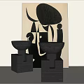 Minimalist Black Wooden Side Tables With Geometric Design And Abstract Art Backdrop