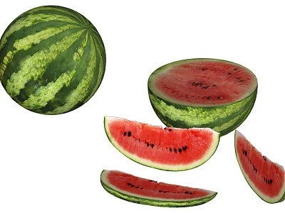 Fresh Whole Watermelon With Sliced Pieces Red Flesh And Black Seeds 3d model