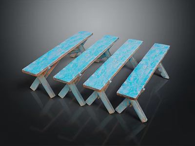 Four Blue Wooden Public Chairs With Bench Style For Outdoor Public Spaces 3d model