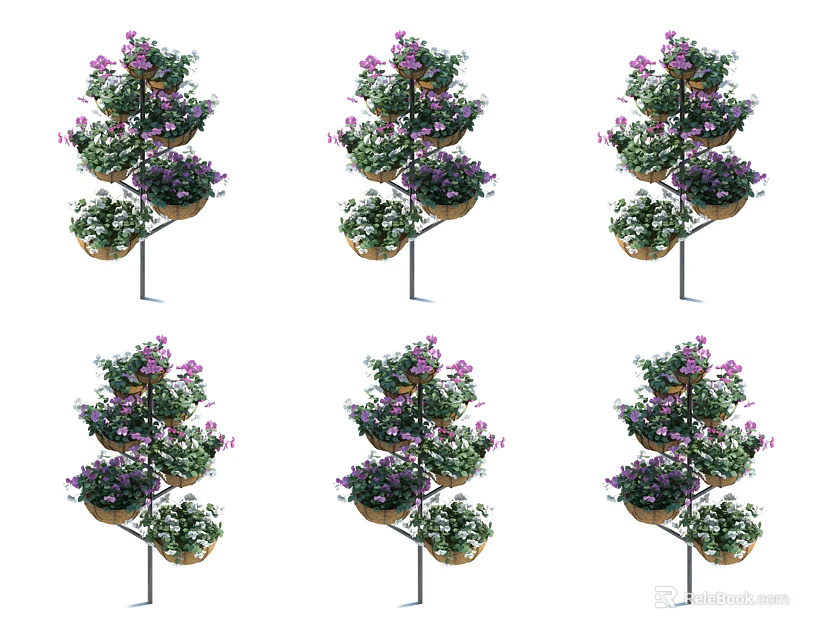 Multi Tiered Garden Flower Stand Decor With Purple Flowers And Green Plants On Metal Frame 3d model 
