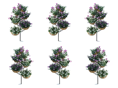 Multi Tiered Garden Flower Stand Decor With Purple Flowers And Green Plants On Metal Frame 3d model