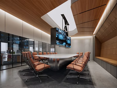 Modern Conference Room Interior With Large Meeting Table Orange Chairs Wooden Ceiling And Glass Walls 3d model