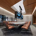 Modern Conference Room Interior With Large Meeting Table Orange Chairs Wooden Ceiling And Glass Walls
